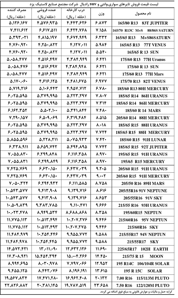 جدول/ قیمت جدید لاستیک های تولید یزد تایر