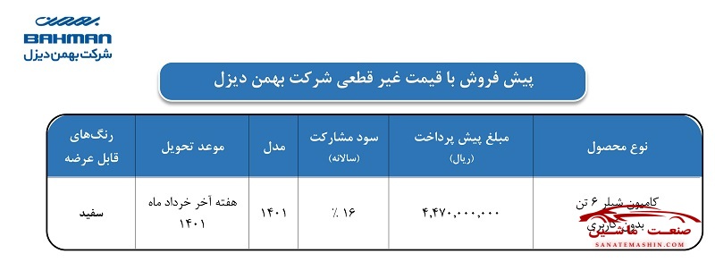 شرایط پیش فروش کامیون شیلر بهمن دیزل +جدول