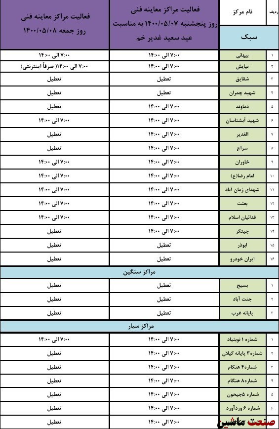 کدام مراکز معاینه فنی در عید غدیر باز است؟