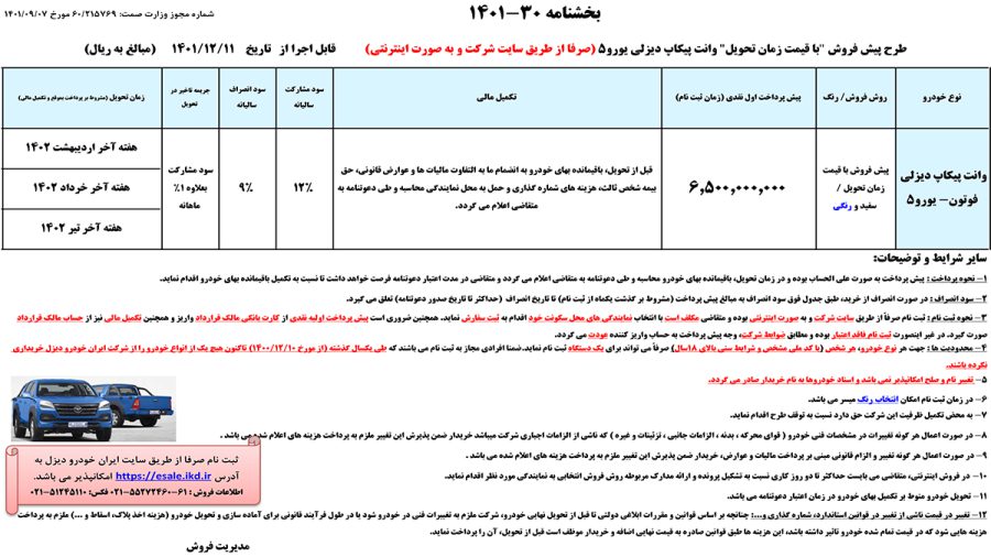 شرایط فروش پیکاپ فوتون دیزلی اعلام شد +جدول