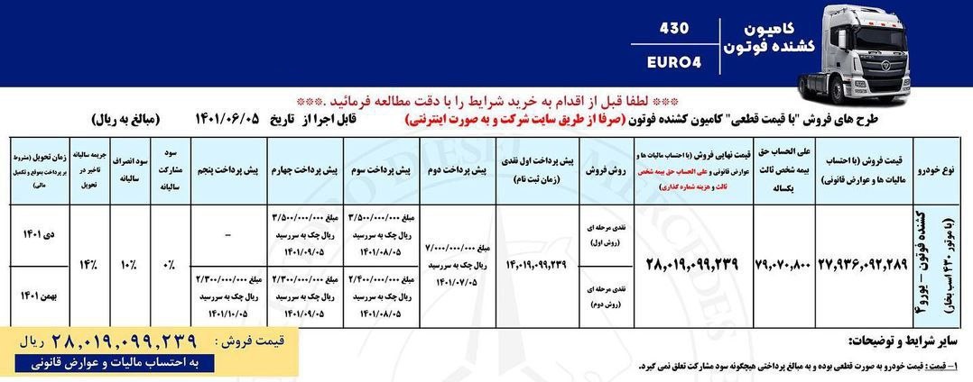 فروش کشنده فوتون 430 ایران خودرو دیزل +جدول