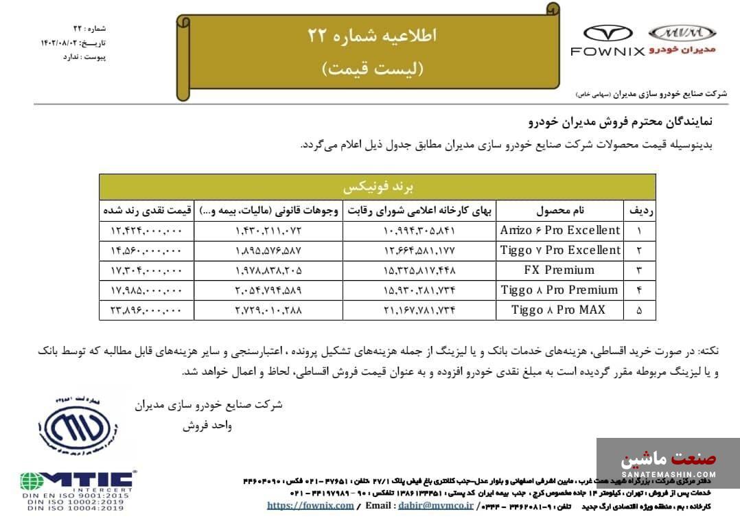 جدول/ قیمت جدید محصولات فونیکس در آبان 1402