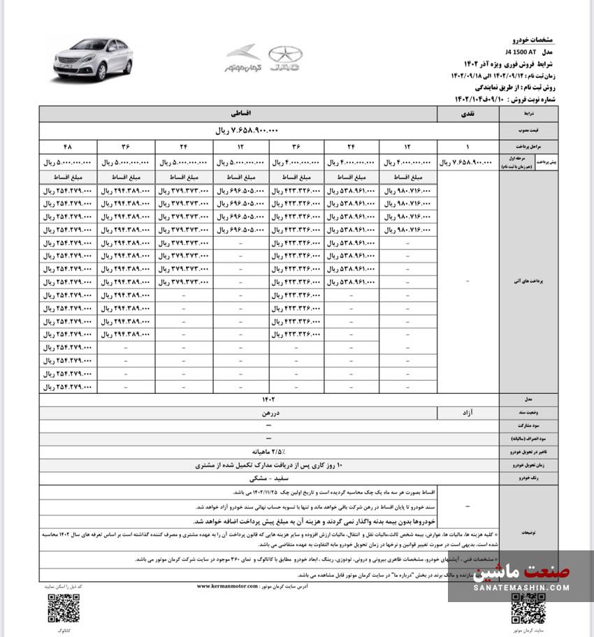 تسهيلات ویژه کرمان موتور براى فروش جک J4 +جدول