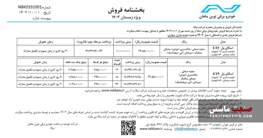 شرایط فروش کراس اوور تمام برقی شرکت نبکا اعلام شد +جدول