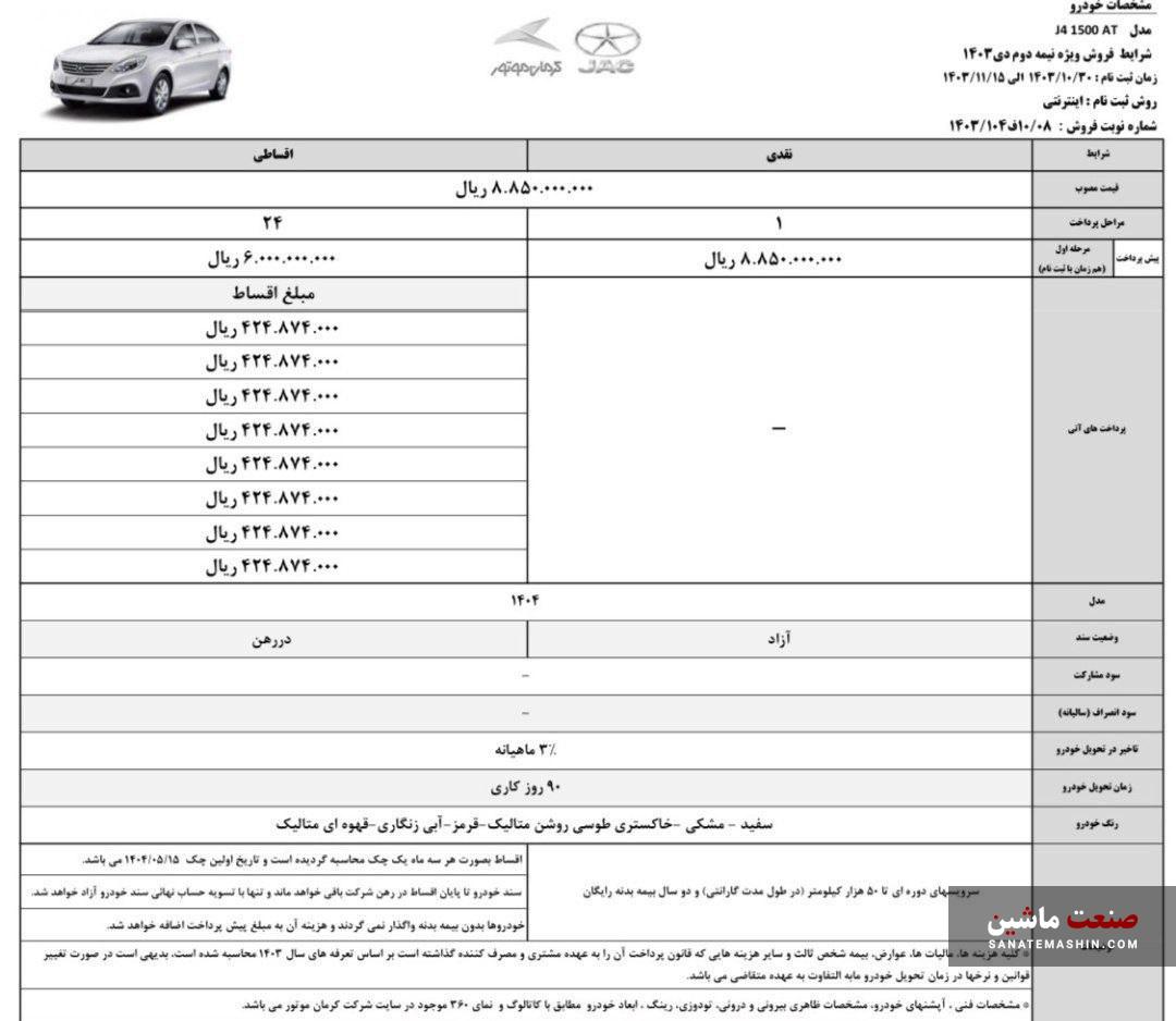 شرایط فروش ویژه جک J4 کرمان موتور اعلام شد +جدول