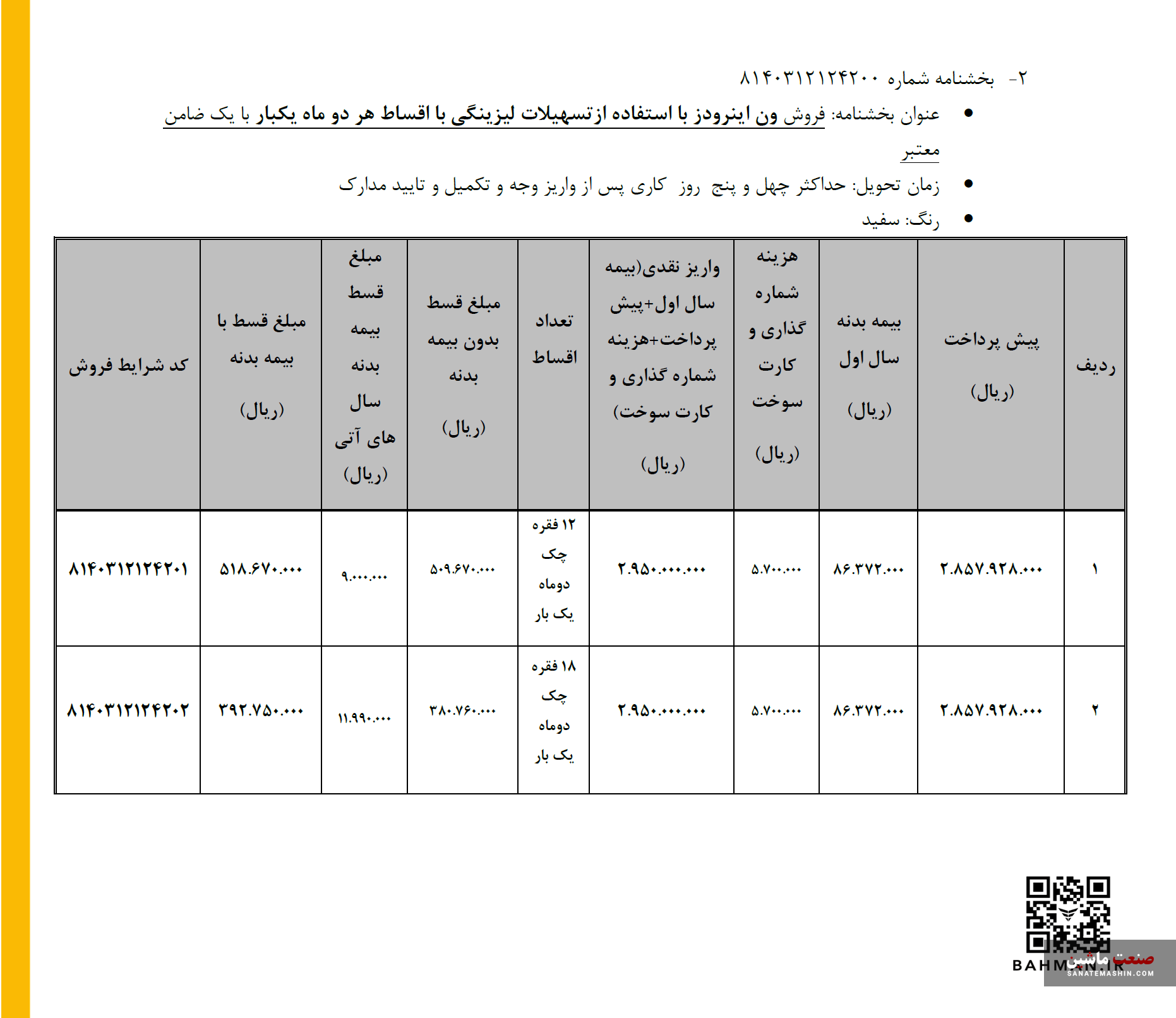 فروش ون باری اینرودز به صورت اقساط آغاز شد +جدول