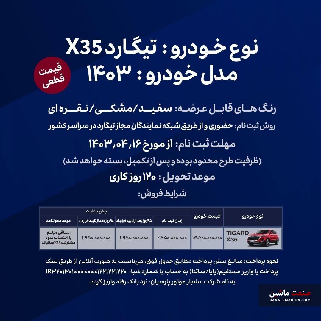 شرایط فروش تیگارد X35 سانیار موتور پارسیان اعلام شد +جدول