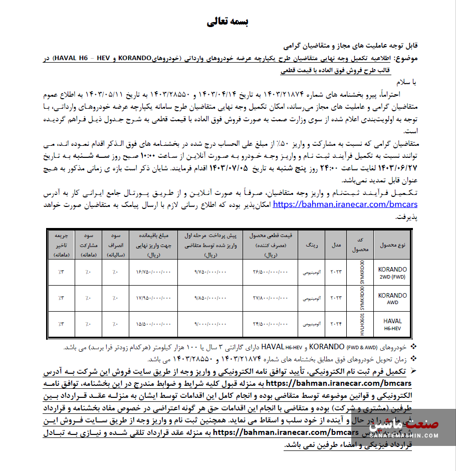 شرایط فروش سانگ یانگ کوراندو و هاوال H6 هیبرید اعلام شد +جدول