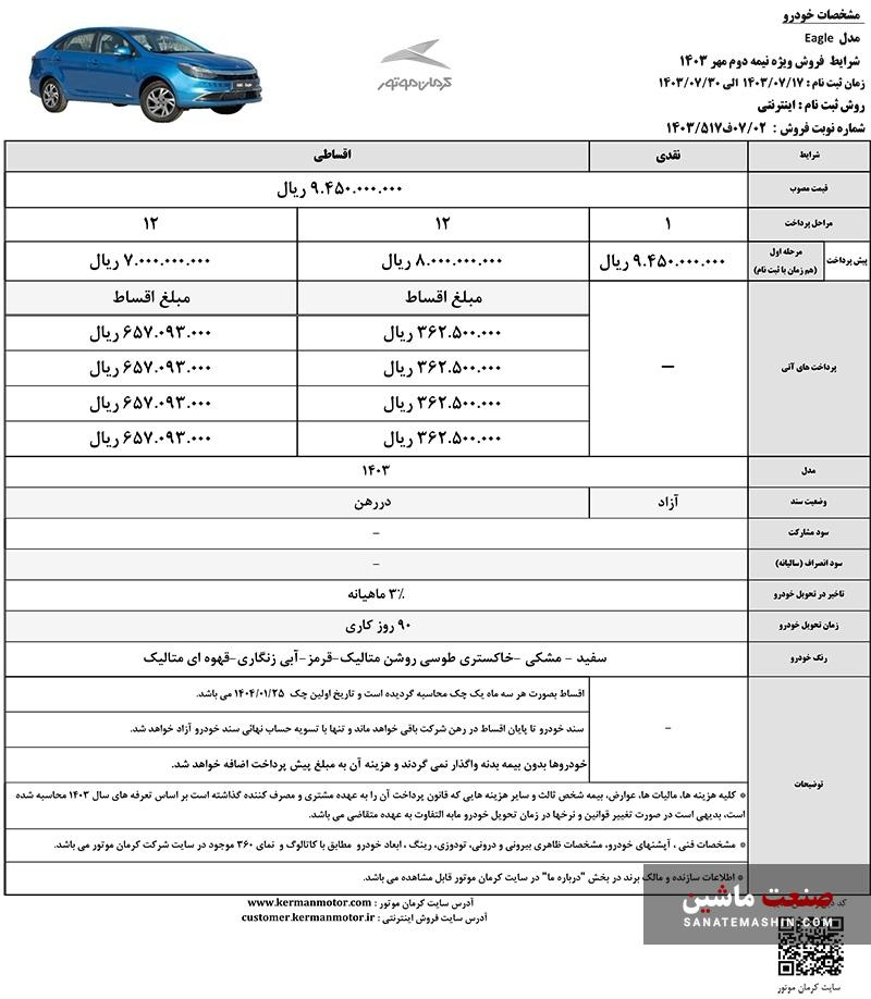 قیمت و شرایط فروش کی ام سی ایگل کرمان موتور مشخص شد +جدول