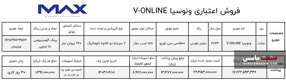 فروش ویژه اقساطی خودرو ونوسیا V-Online آغاز شد +جدول