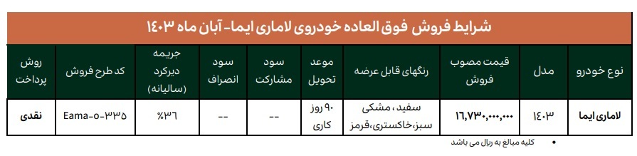 شرایط فروش فوری خودروی لاماری ایما اعلام شد +جدول