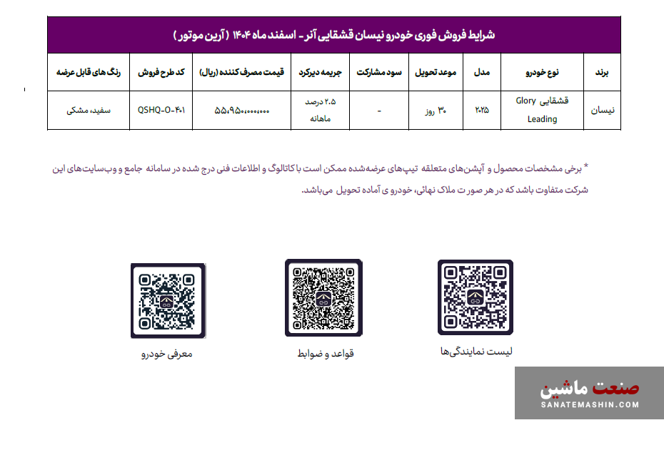 شرایط فروش نیسان قشقایی آنر توسط آرینا درایو اعلام شد +*جدول