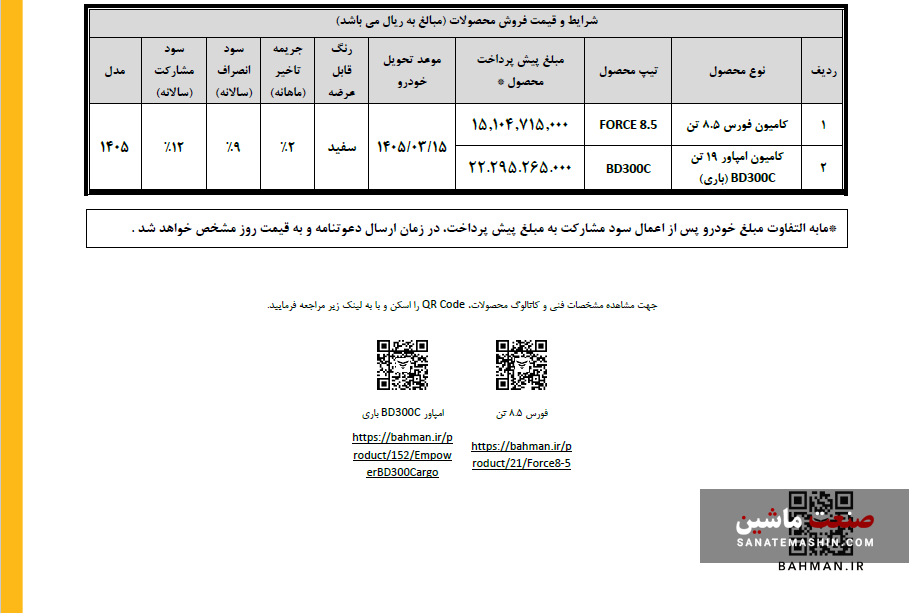 پیش فروش عادی دو محصول بهمن دیزل آغاز شد +جدول پیش فروش عادی دو محصول بهمن دیزل آغاز شد +جدول