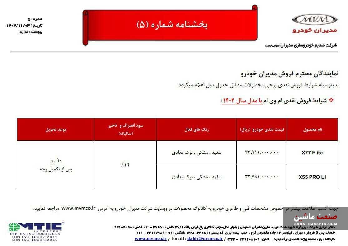 فروش MVM X55 PRO LI مدیران خودرو آغاز شد +جدول