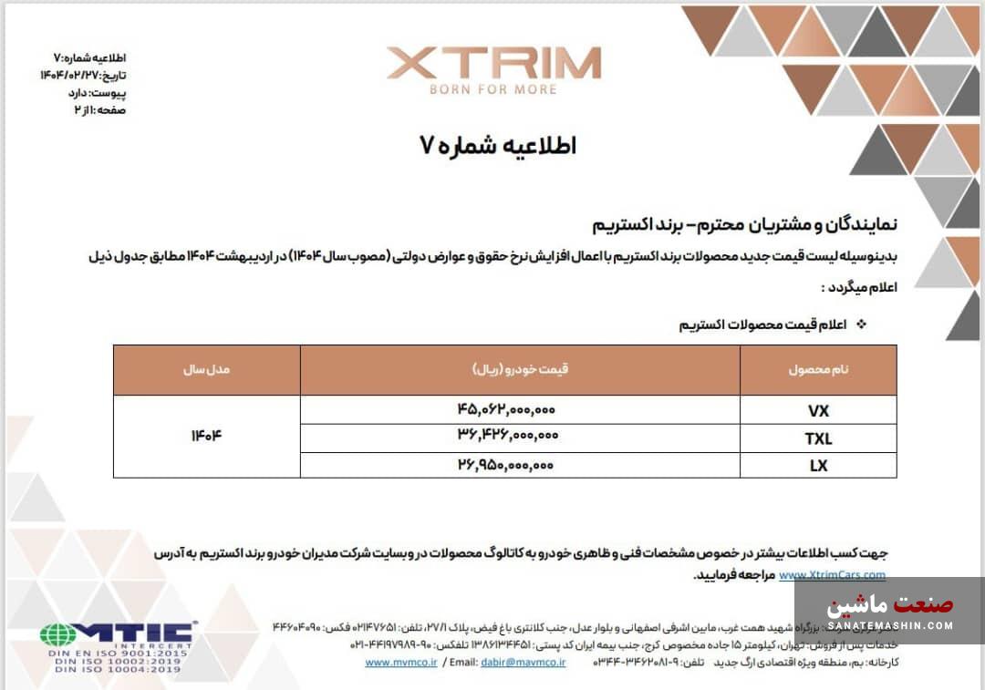 جدول/ قیمت محصولات لوکس اکستریم 27 اردیبهشت 1404