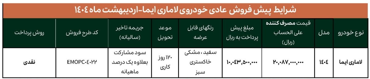 شرایط پیش فروش عادی لاماری ایما اعلام شد +جدول