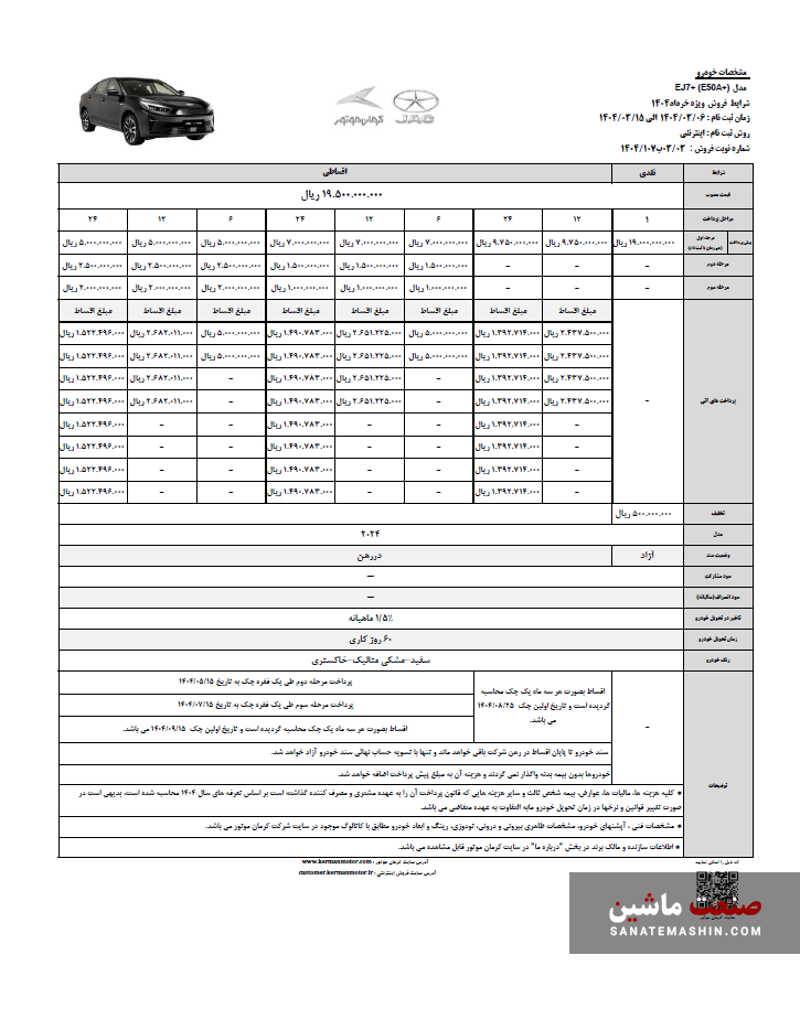 بخشنامه فروش اقساطی کی ام سی +EJ7 کرمان موتور اعلام شد +جدول