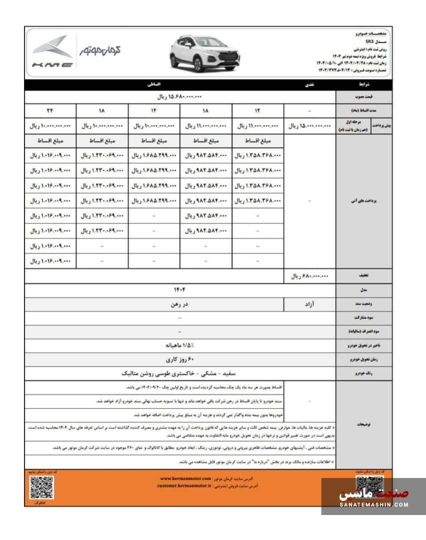 شرایط فروش اقساطی کی ام سی SR3 کرمان موتور اعلام شد +جدول