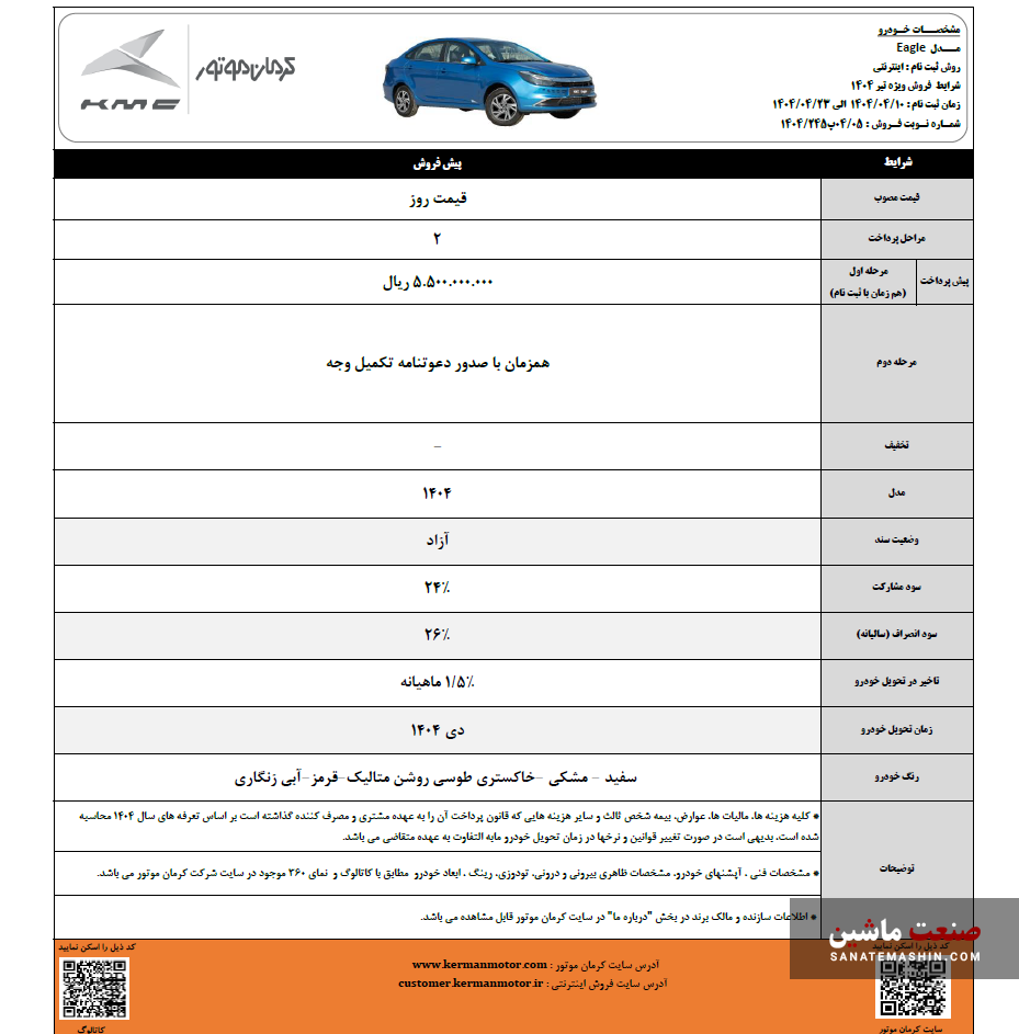 فرصت محدود برای ثبت نام سه محصول کرمان موتور +جدول