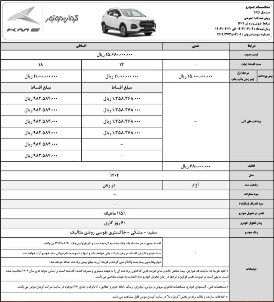 شرایط فروش ویژه کی ام سی SR3 کرمان موتور اعلام شد +جدول