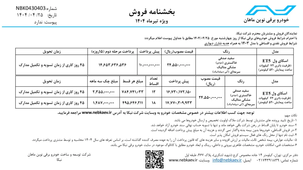 بخشنامه فروش نقد و اقساط اسکای ول ET5 منتشر شد +جدول