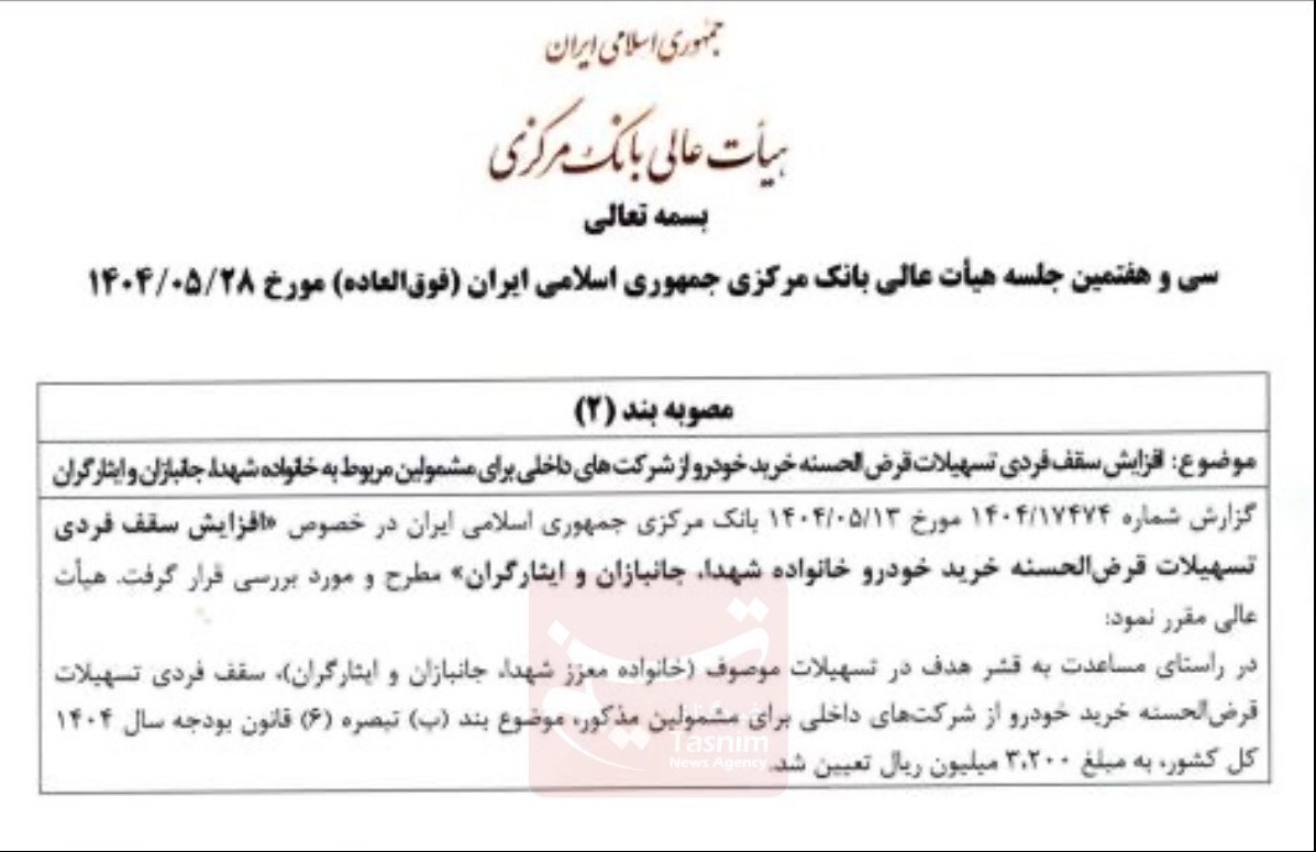 سقف وام خرید خودرو خانواده شهدا و جانبازان مشخص شد