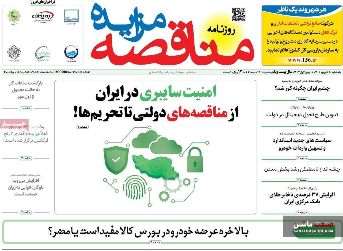 صفحه نخست روزنامه های اقتصادی 20 شهریور 1404