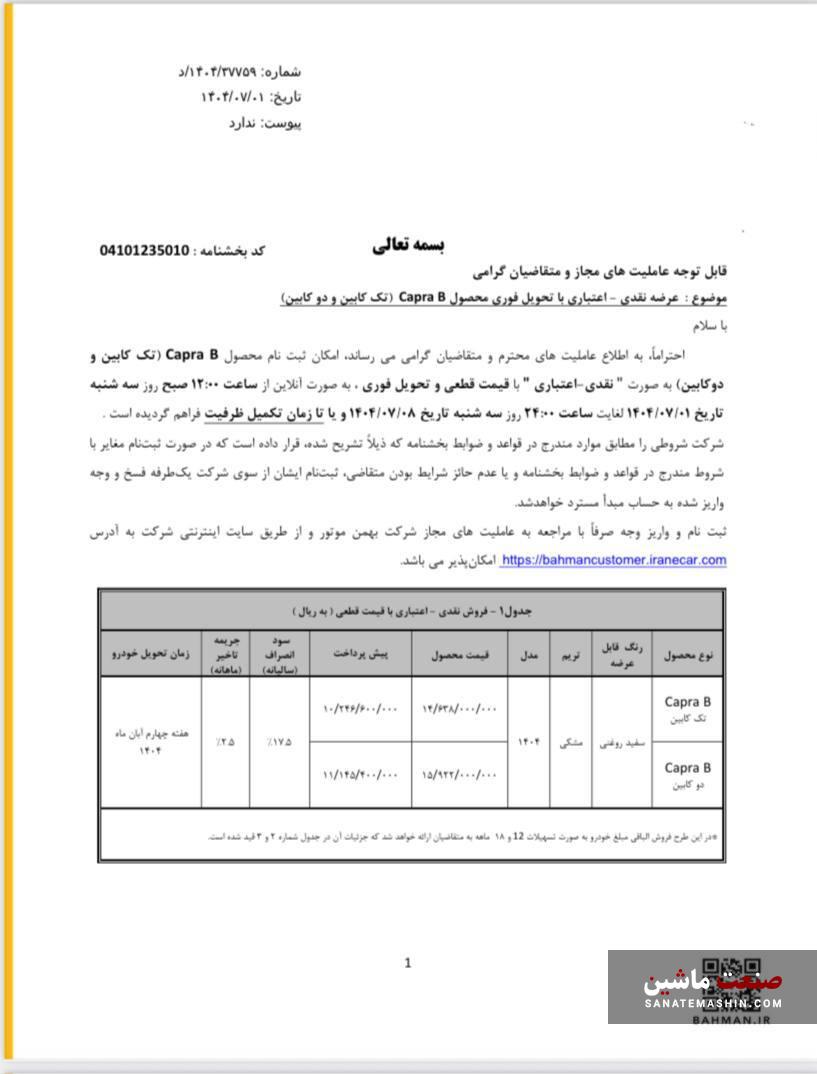 شرایط فروش نقد و اقساط کاپرا B بهمن موتور اعلام شد +جدول