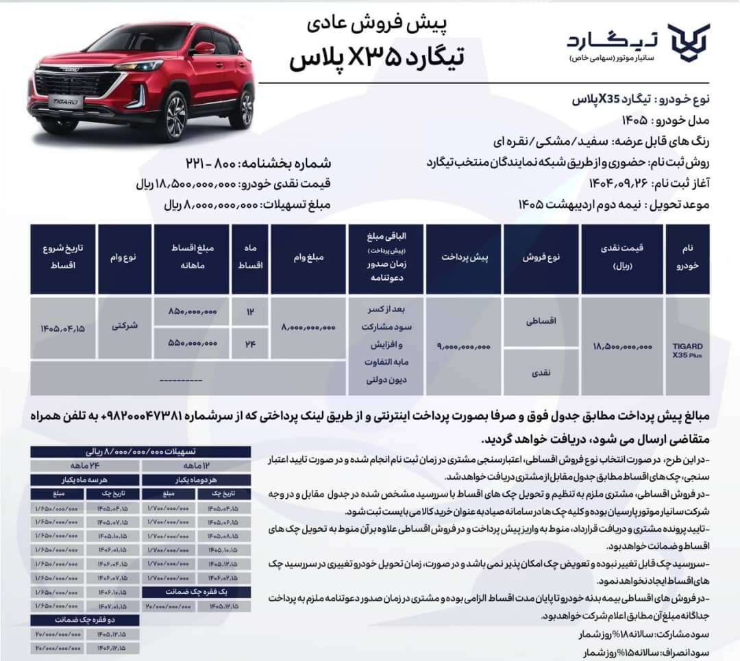 شرایط فروش نقد و اقساط تیگارد X35 پلاس اعلام شد شرایط فروش نقد و اقساط تیگارد X35 پلاس اعلام شد