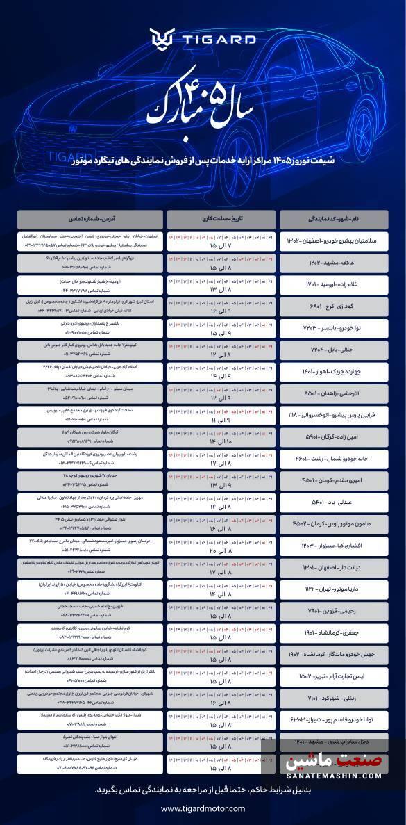 تیگارد موتور جزئیات ارائه خدمات در نوروز ۱۴۰۵ را اعلام کرد